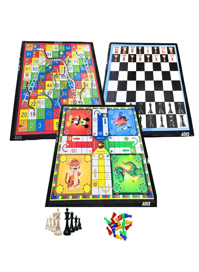 AOKO لعبة لوحية من AOKO تجمع بين لودو والشطرنج والسلم والثعبان، 3 في 1، مع مجموعتين من قطع لودو ونرد وقطع شطرنج، مثالية للحفلات والتسلية، خفيفة الوزن. - Image 1